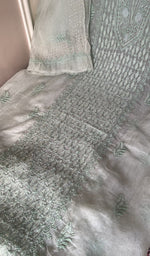 Mint green organza silk kurta, close view of the embroidery