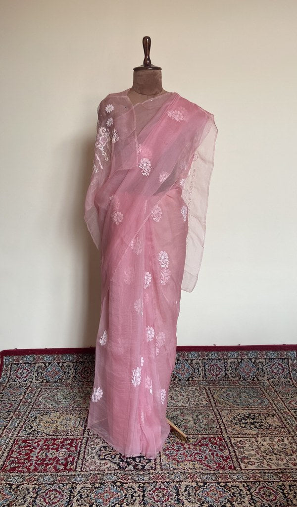 Jalila — Pink Pure Organza Silk Chikankari Saree