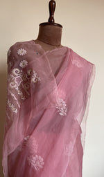 Pink saree on the mannequin, close view