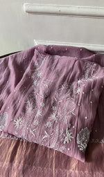 purple pure mul chanderi chikankari suit set, folded