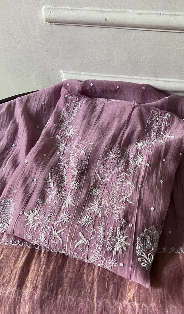purple pure mul chanderi chikankari suit set, folded