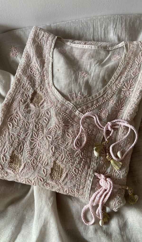 Grey pure mul chanderi kurta piece folded, do taar and teen taar chikankari with mukaish haath ki