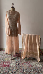Peach pure mul chanderi chikankari suit set on the mannequin with its dupatta