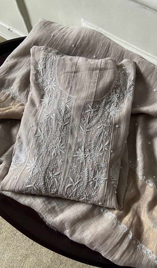Grey pure mul chanderi kurta piece folded, fine front and back jaaldar chikankari anarkali