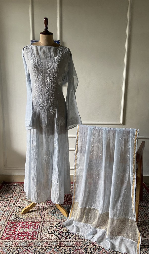 silver grey pure mul chanderi chikankari 3 pc semi-stitched anarkali suit set on mannequin