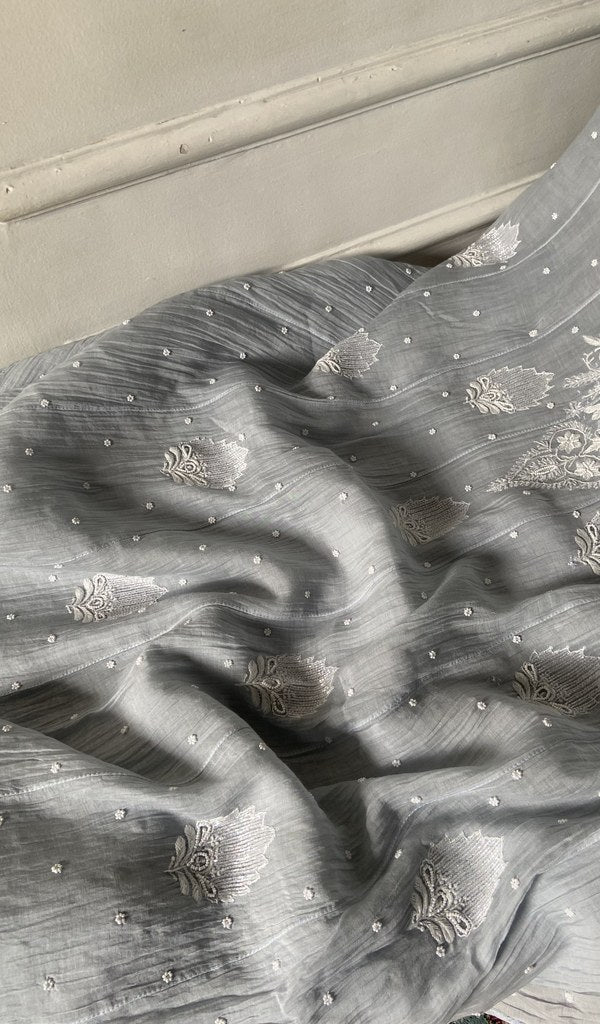 gala and front chikankari on silver grey pure mul chanderi