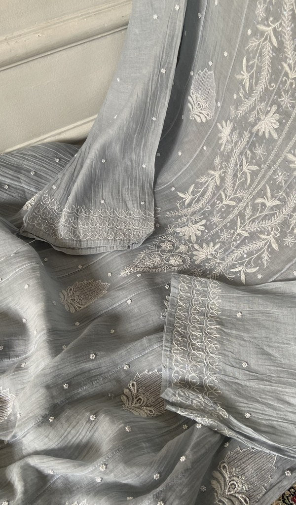fine chikankari on silver grey pure mul chanderi