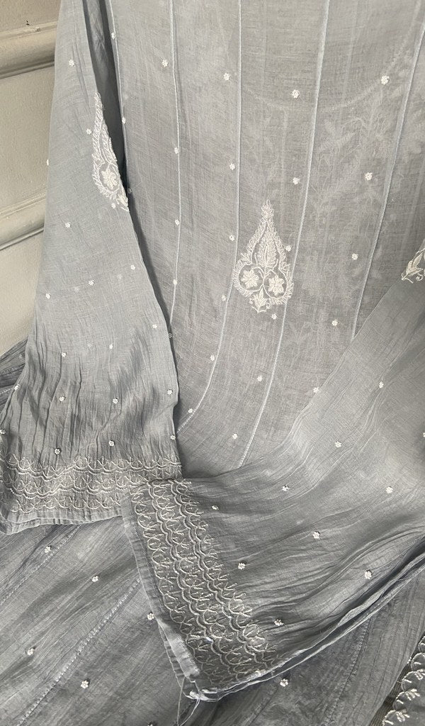dupatta chikankari detail, silver grey pure mul chanderi