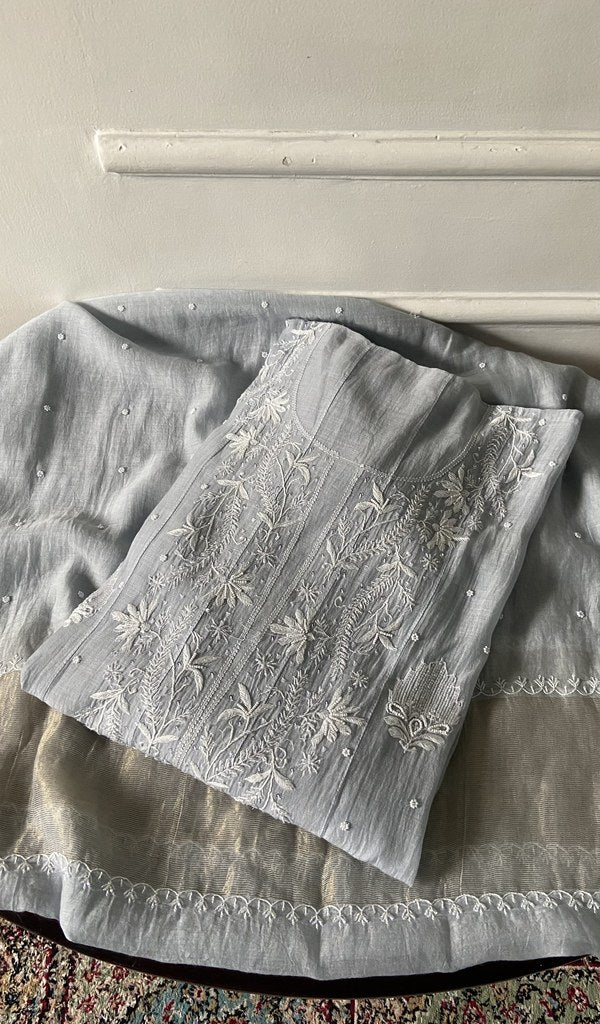 silver grey pure mul chanderi chikankari 3 pc semi-stitched anarkali suit set, folded