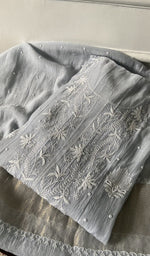 Load image into Gallery viewer, silver grey chikankari set folded, worked panel on top