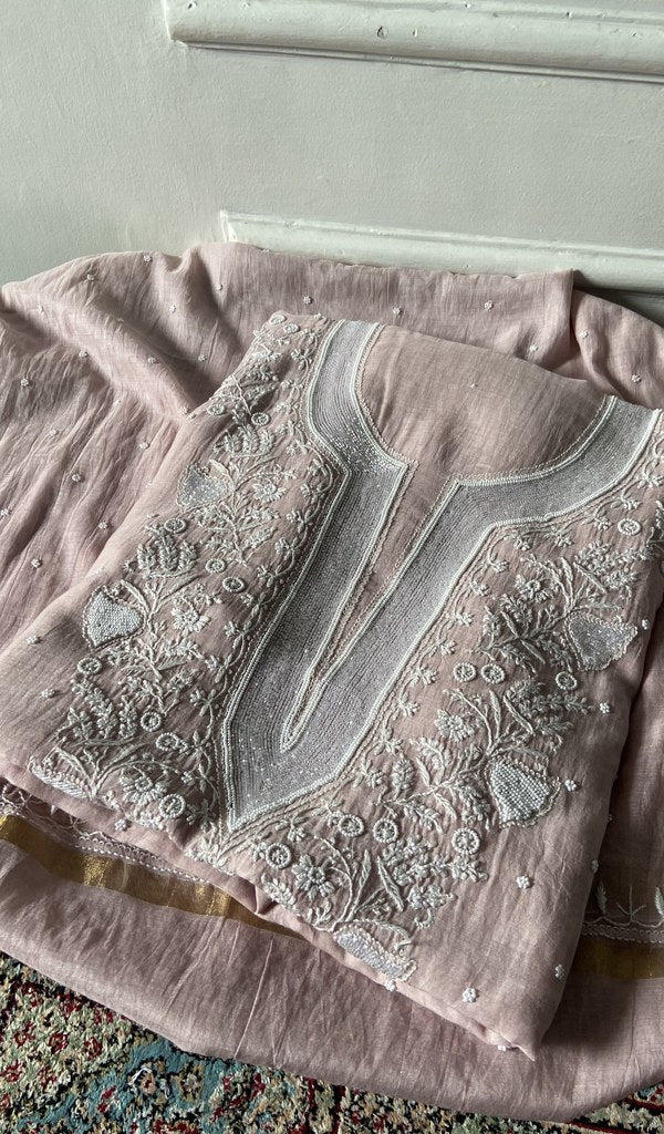 Lilac pure mul chanderi kurta piece folded, fine chikankari in view