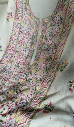fine multicoloured panel chikankari with matching beads sequ across the body of the kurta