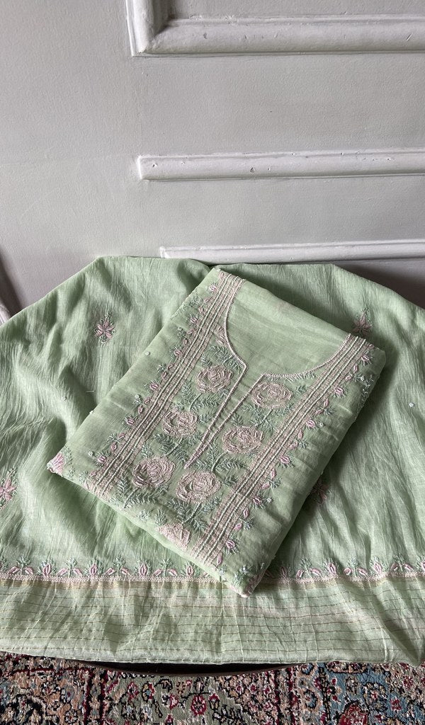 Folded mint green pure mul chanderi, gala panel showing