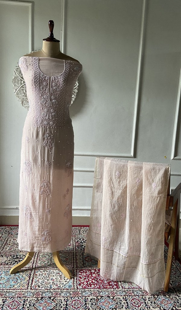 Nude pure mul chanderi chikankari suit set on the mannequin, dupatta alongside
