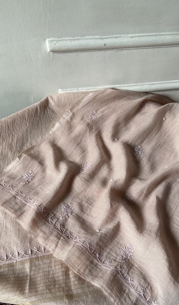 Detail of the embroidery on the nude pure mul chanderi