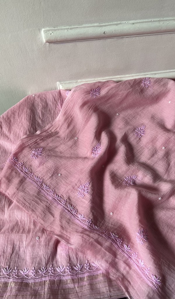 Detail of the embroidery on the blush pink pure mul chanderi