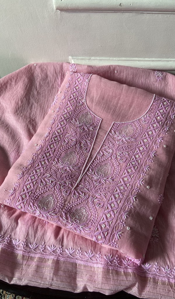 Folded blush pink pure mul chanderi, gala panel showing