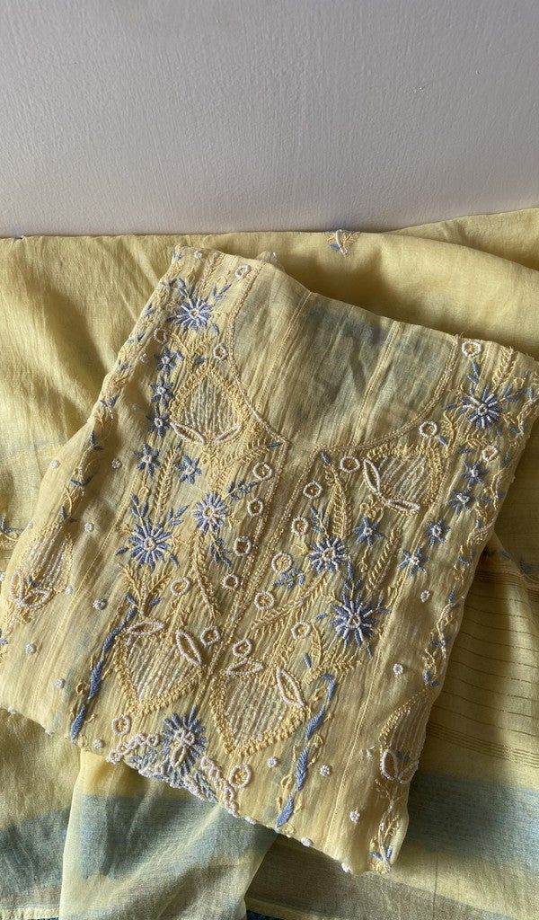 Yellow pure mul chanderi kurta piece folded, fine front and back jaaldar chikankari anarkali