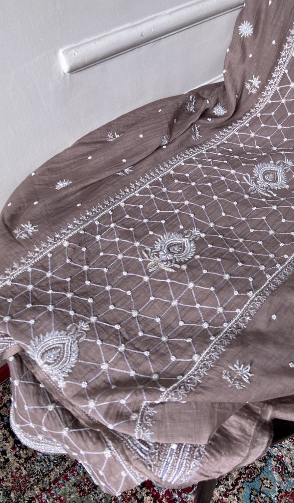 gala and front chikankari on mauve brown pure mul chanderi