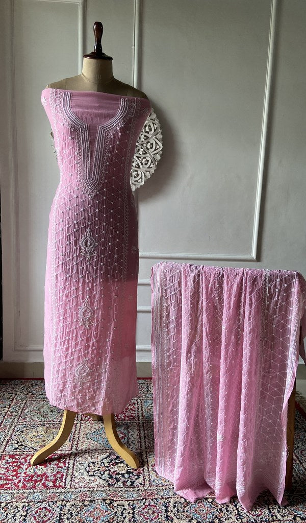 pink pure mul chanderi chikankari 3 pc unstitched suit set on mannequin