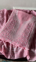 Load image into Gallery viewer, pink chikankari set folded, worked panel on top