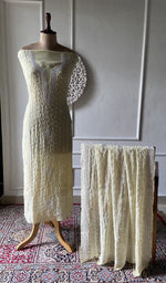 Load image into Gallery viewer, pale yellow pure mul chanderi chikankari 3 pc unstitched suit set on mannequin