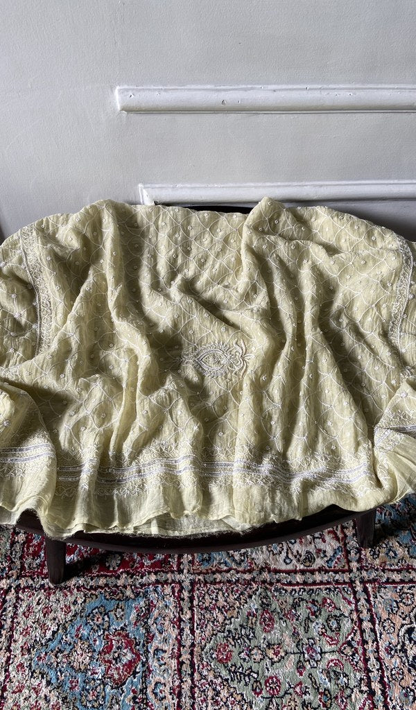 pale yellow pure mul chanderi, full piece laid out