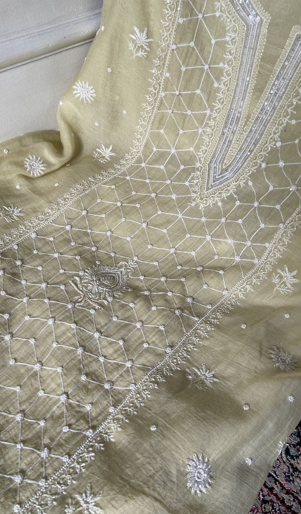 fine chikankari on pale yellow pure mul chanderi