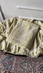 Load image into Gallery viewer, pale yellow pure mul chanderi chikankari 3 pc unstitched suit set, folded