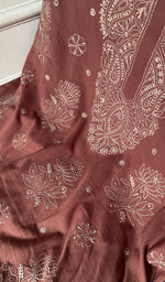 Load image into Gallery viewer, contrast fine chikankari bakhiya on rust pure mul cotton
