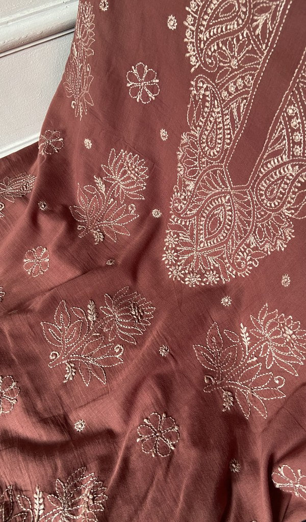 contrast fine chikankari bakhiya on rust pure mul cotton