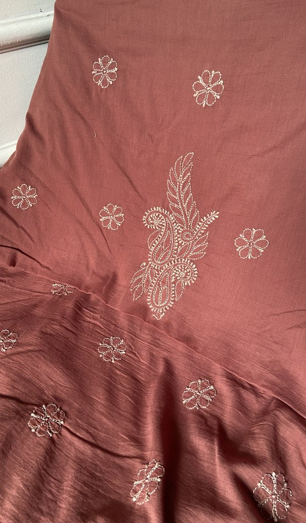 dupatta chikankari detail, rust pure mul cotton