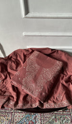 Load image into Gallery viewer, rust pure mul cotton chikankari 3 pc unstitched suit set, folded