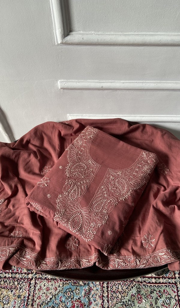 rust pure mul cotton chikankari 3 pc unstitched suit set, folded