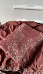 Load image into Gallery viewer, rust chikankari set folded, worked panel on top