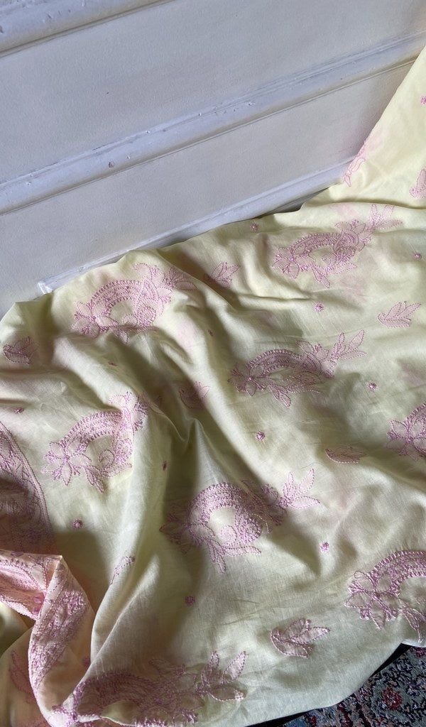 gala and front chikankari on pale yellow pure mul cotton