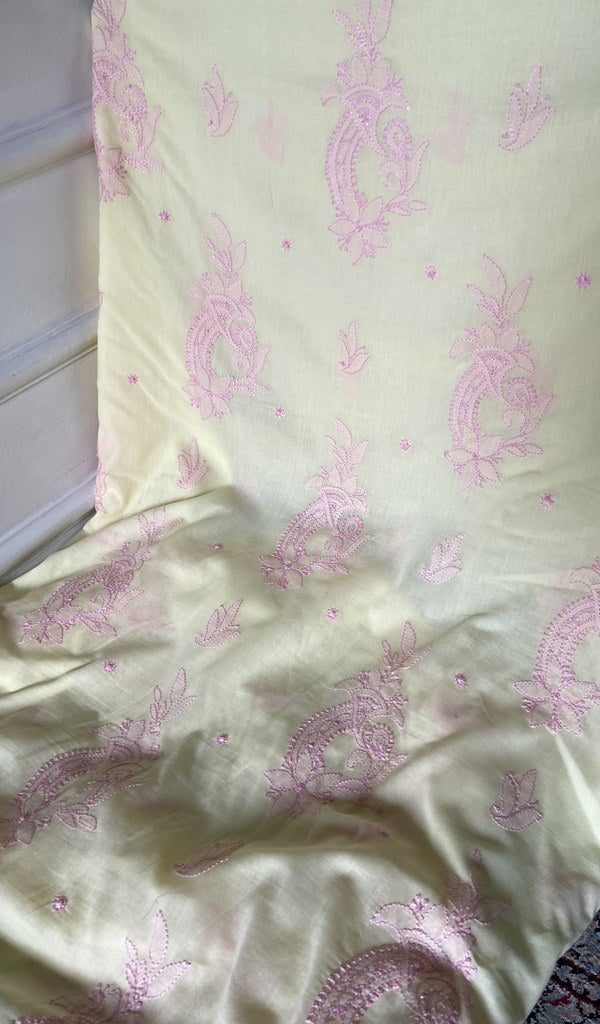 close view of the hand embroidery, pale yellow pure mul cotton