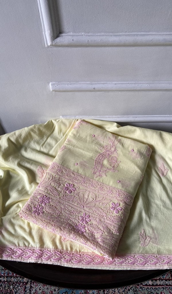 pale yellow pure mul cotton chikankari 3 pc unstitched suit set, folded