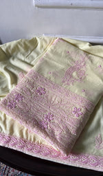 Load image into Gallery viewer, pale yellow chikankari set folded, worked panel on top