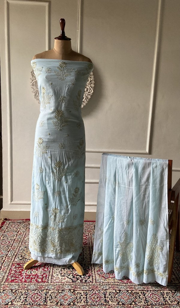 pale blue pure mul cotton chikankari 3 pc unstitched suit set on mannequin