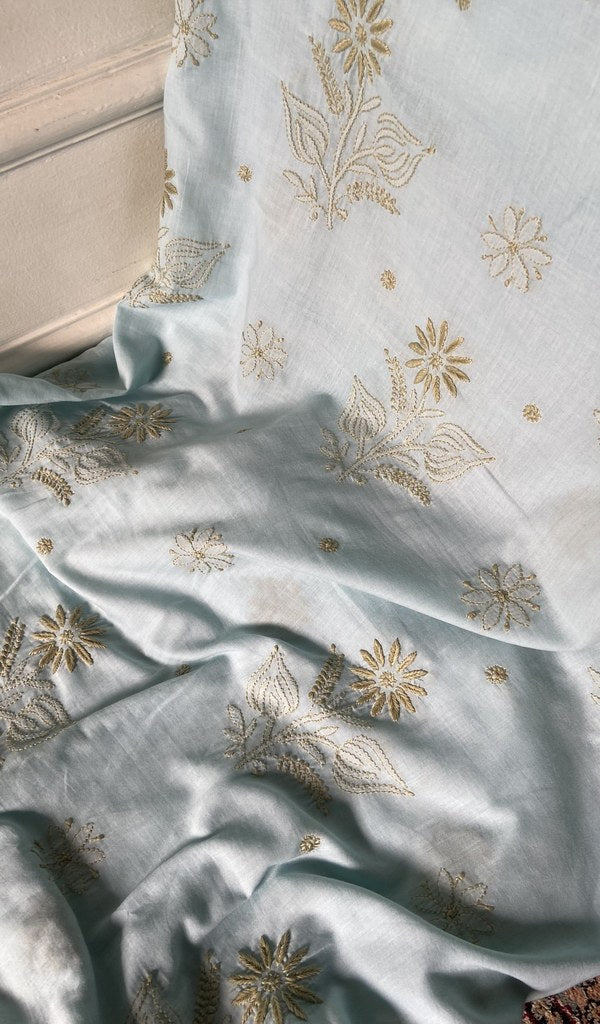 contrast fine chikankari bakhiya on pale blue pure mul cotton
