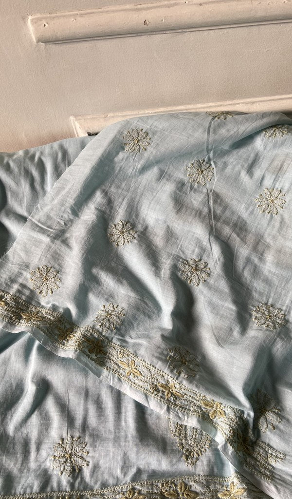 border and hem work on pale blue pure mul cotton