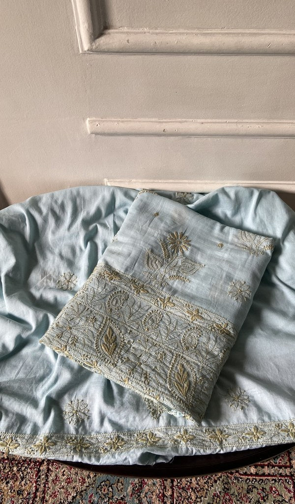 pale blue pure mul cotton chikankari 3 pc unstitched suit set, folded