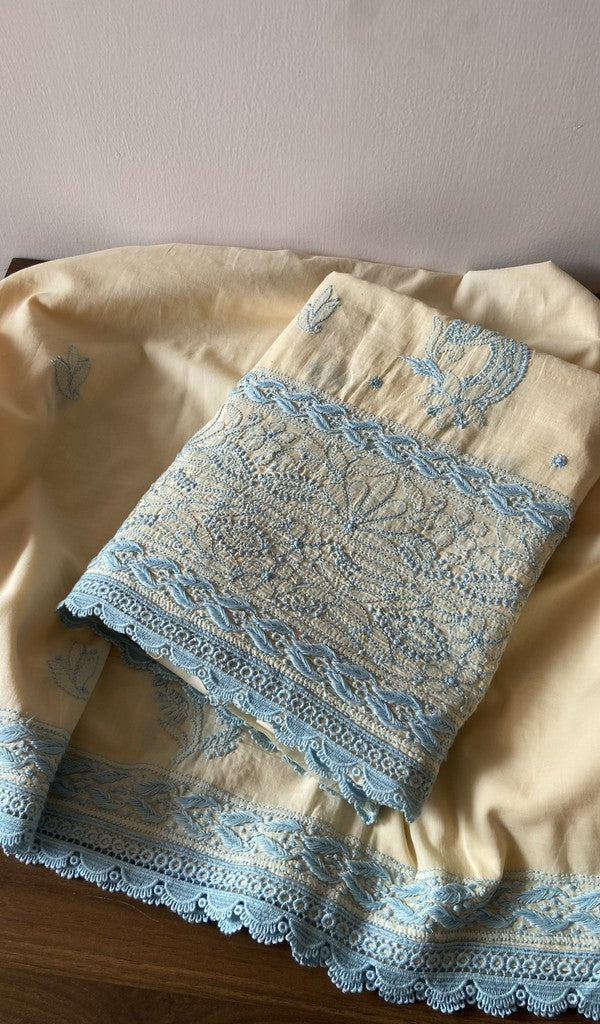 Cream mul cotton kurta piece folded, fine contrast chikankari