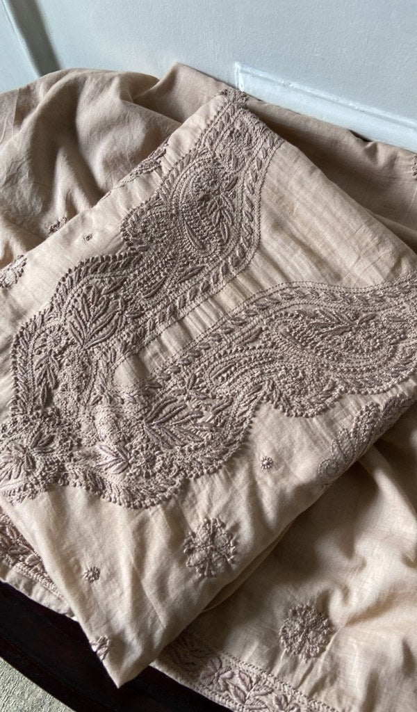 beige pure mul cotton chikankari suit set, folded