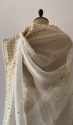 off white saree, pleats and fall