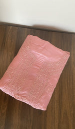 Folded salmon pink tussar silk kurta, gala and neckline work