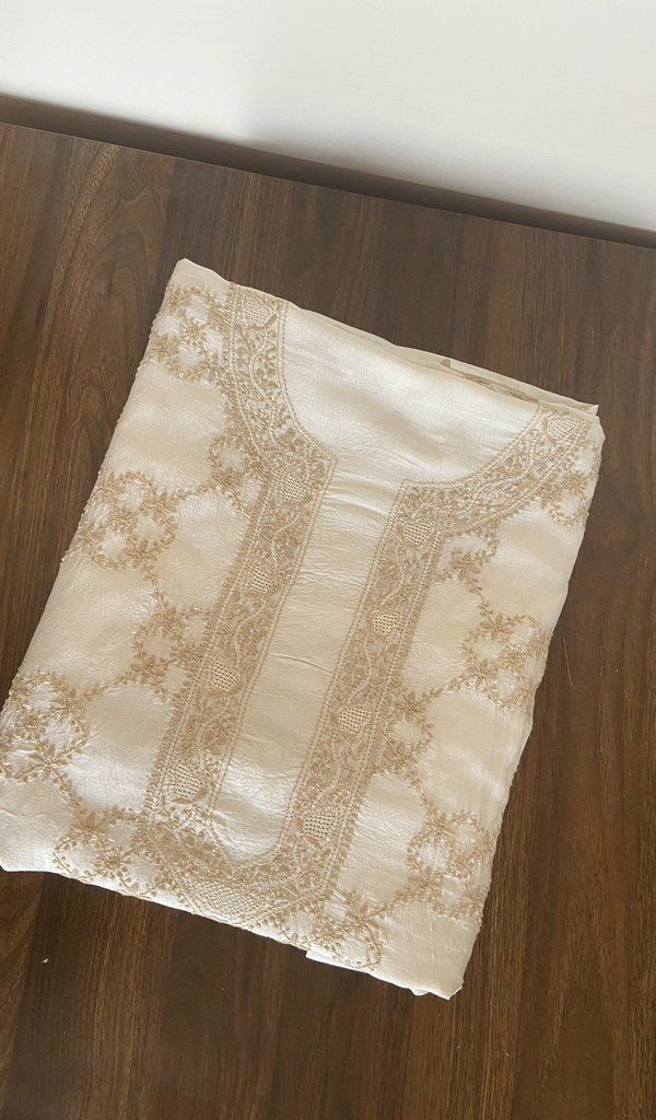 Folded cream eri silk kurta, gala and neckline work