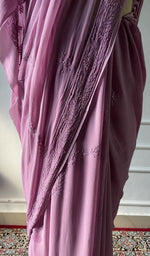 Load image into Gallery viewer, rose pink viscose georgette saree seen from the back