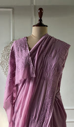 Load image into Gallery viewer, hand chikankari across the rose pink viscose georgette saree body